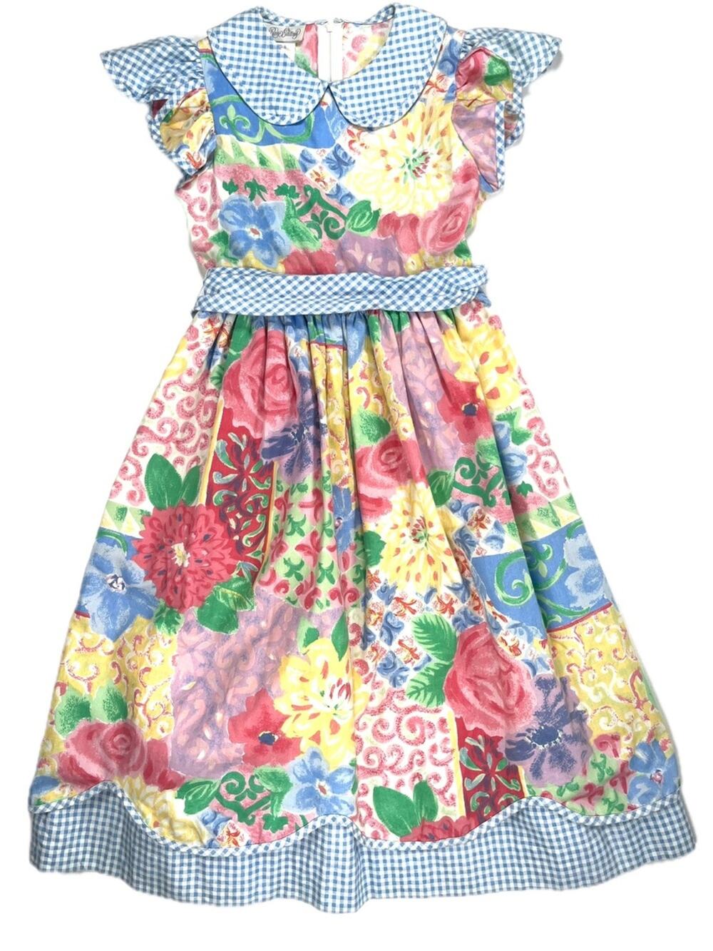 Vintage Girls Size Floral Patchwork Dress Blue Gingham Trim Waist Sash Twirly